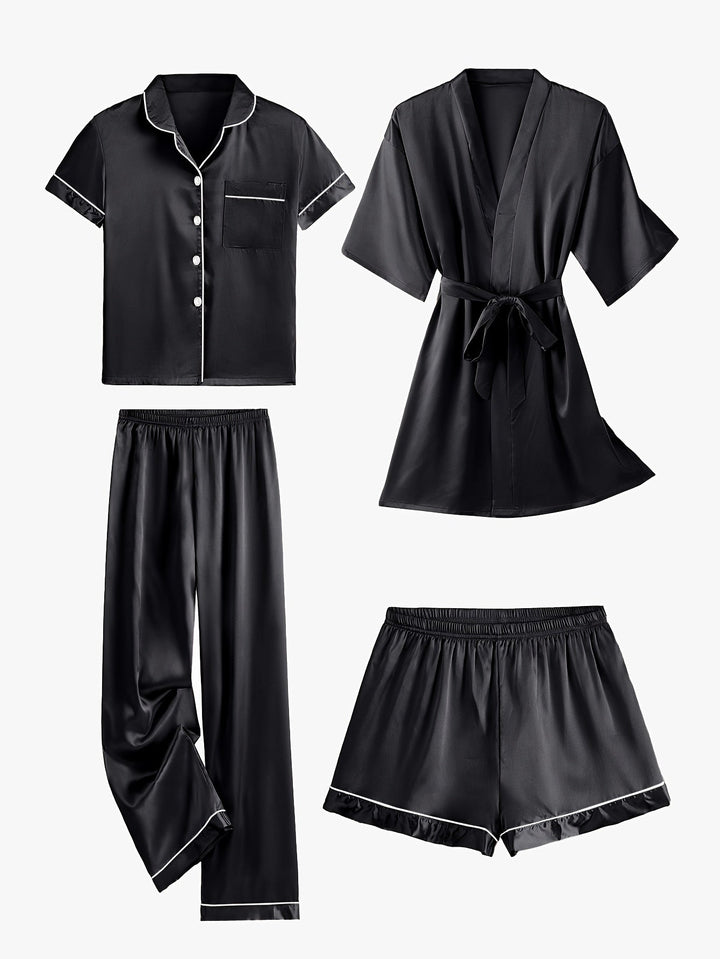 Juliette | 4-Piece Solid Satin Pajama Mid-Sleeve Robe Set